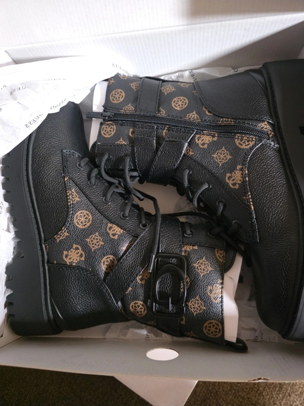 Guess Black Combat Boots with Brown Logo Print and Buckle